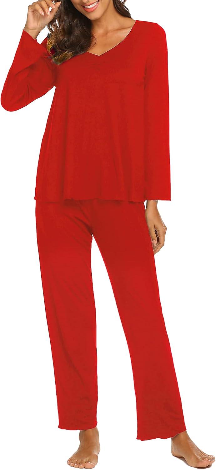 imageEkouaer Womens Pajama Sets 2 Piece Lounge Set Fall Winter Pajamas Long Sleeve Pjs Top and Pants Soft Pj Sets Loose SleepwearRed