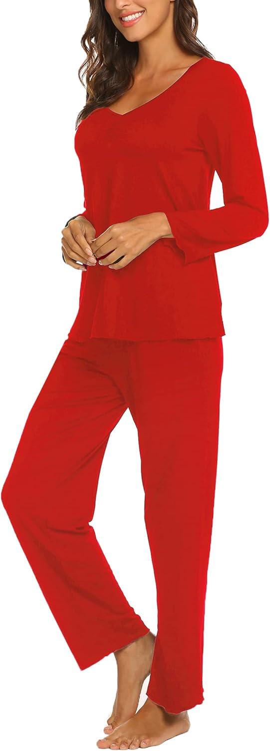 imageEkouaer Womens Pajama Sets 2 Piece Lounge Set Fall Winter Pajamas Long Sleeve Pjs Top and Pants Soft Pj Sets Loose SleepwearRed