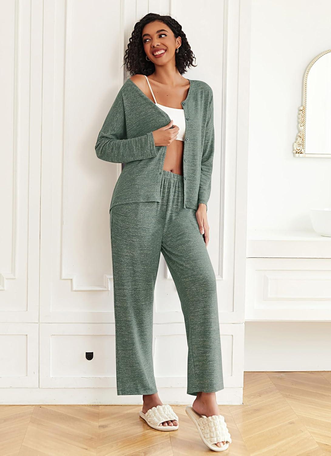 imageEkouaer Womens Pajama Sets Button Up Long Sleeve Pjs Soft Lounge Set 2 Piece Sleepwear with PocketsArmy Green