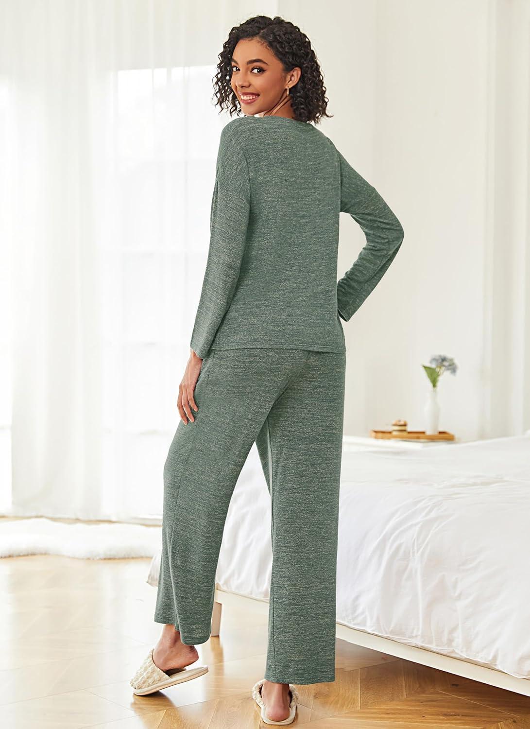 imageEkouaer Womens Pajama Sets Button Up Long Sleeve Pjs Soft Lounge Set 2 Piece Sleepwear with PocketsArmy Green