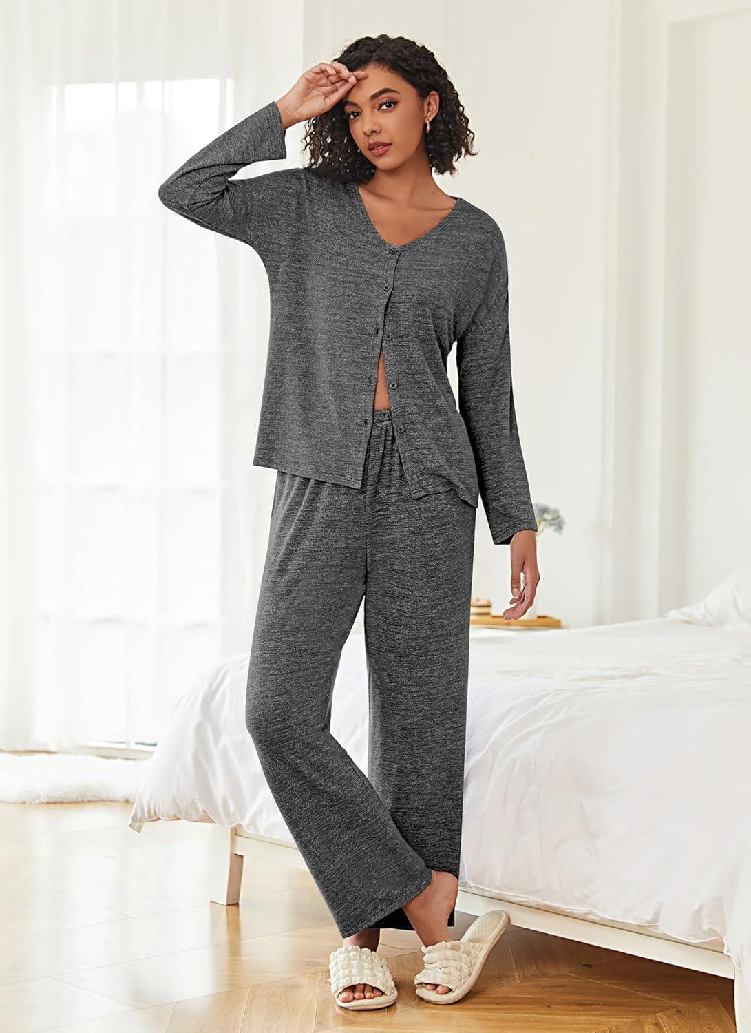 imageEkouaer Womens Pajama Sets Button Up Long Sleeve Pjs Soft Lounge Set 2 Piece Sleepwear with PocketsFlower Grey