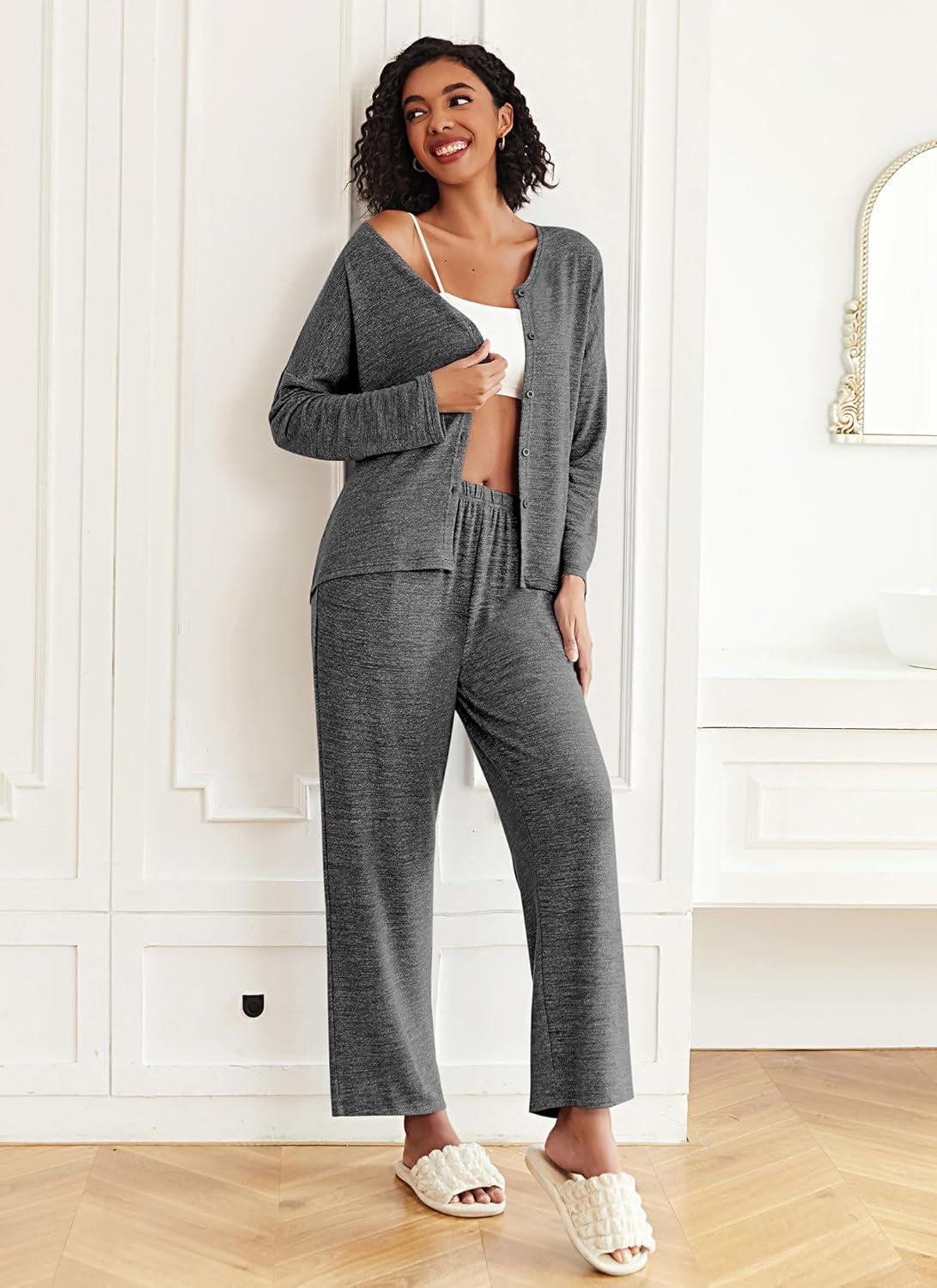 imageEkouaer Womens Pajama Sets Button Up Long Sleeve Pjs Soft Lounge Set 2 Piece Sleepwear with PocketsFlower Grey