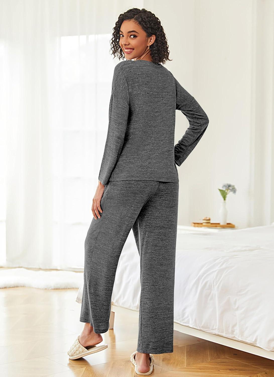 imageEkouaer Womens Pajama Sets Button Up Long Sleeve Pjs Soft Lounge Set 2 Piece Sleepwear with PocketsFlower Grey