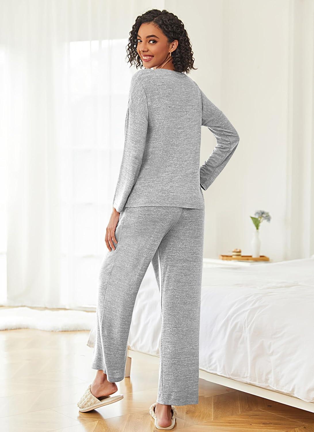 imageEkouaer Womens Pajama Sets Button Up Long Sleeve Pjs Soft Lounge Set 2 Piece Sleepwear with PocketsLight Grey