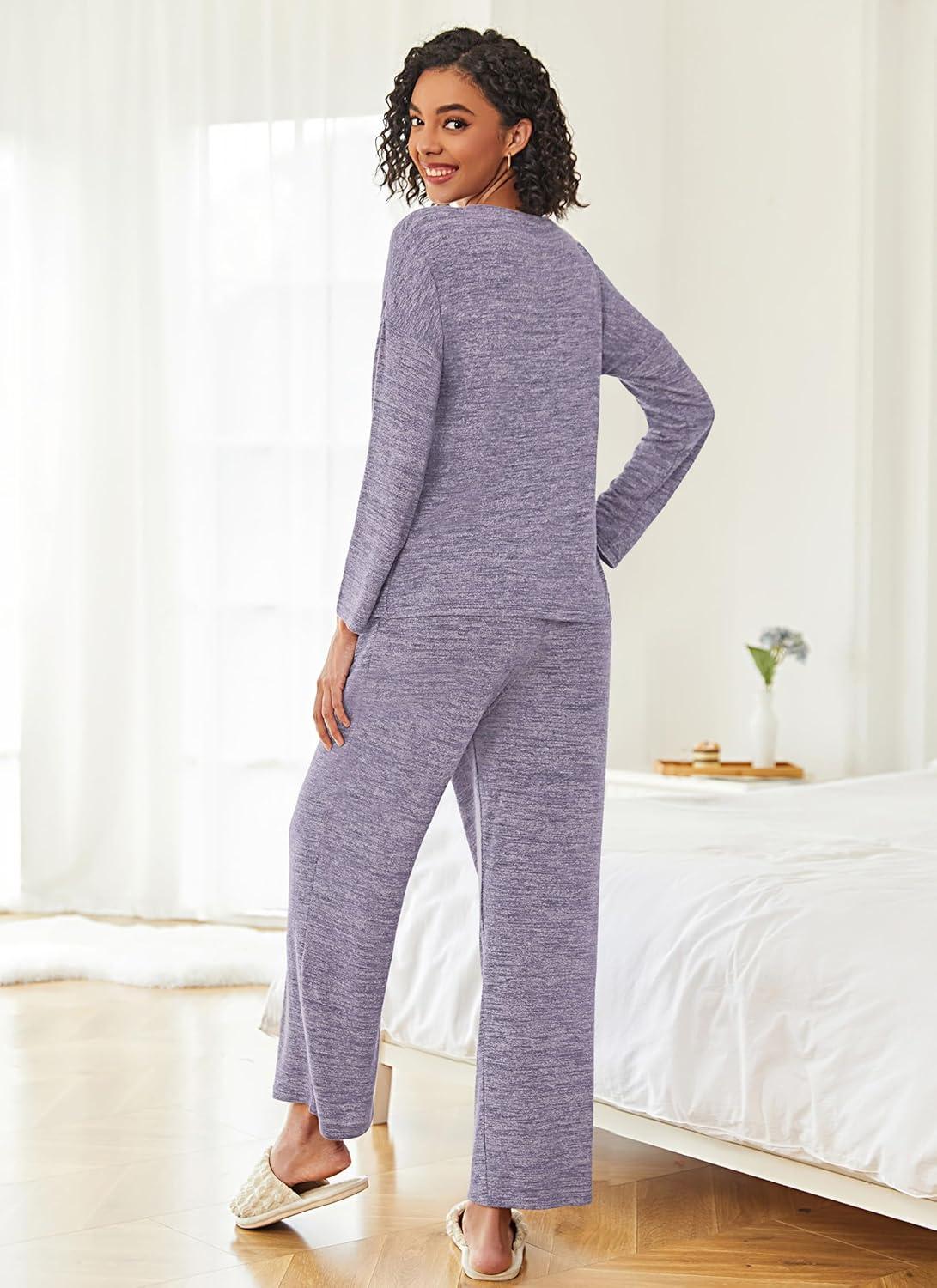 imageEkouaer Womens Pajama Sets Button Up Long Sleeve Pjs Soft Lounge Set 2 Piece Sleepwear with PocketsPurple