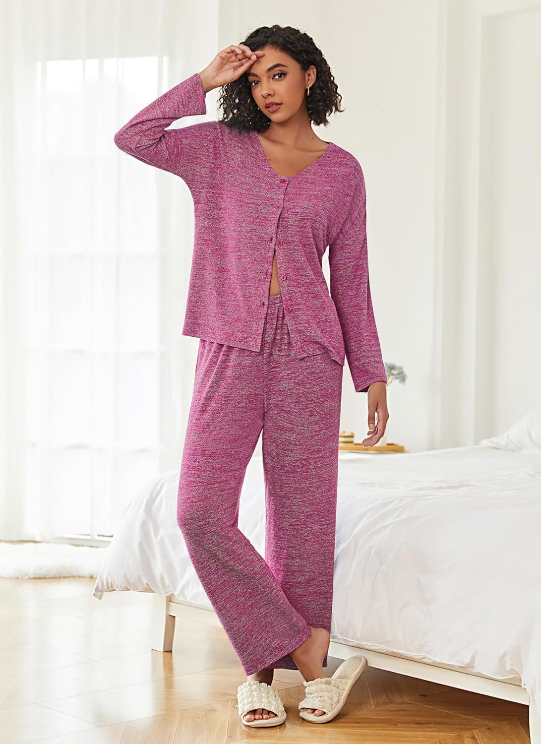 imageEkouaer Womens Pajama Sets Button Up Long Sleeve Pjs Soft Lounge Set 2 Piece Sleepwear with PocketsRose Red