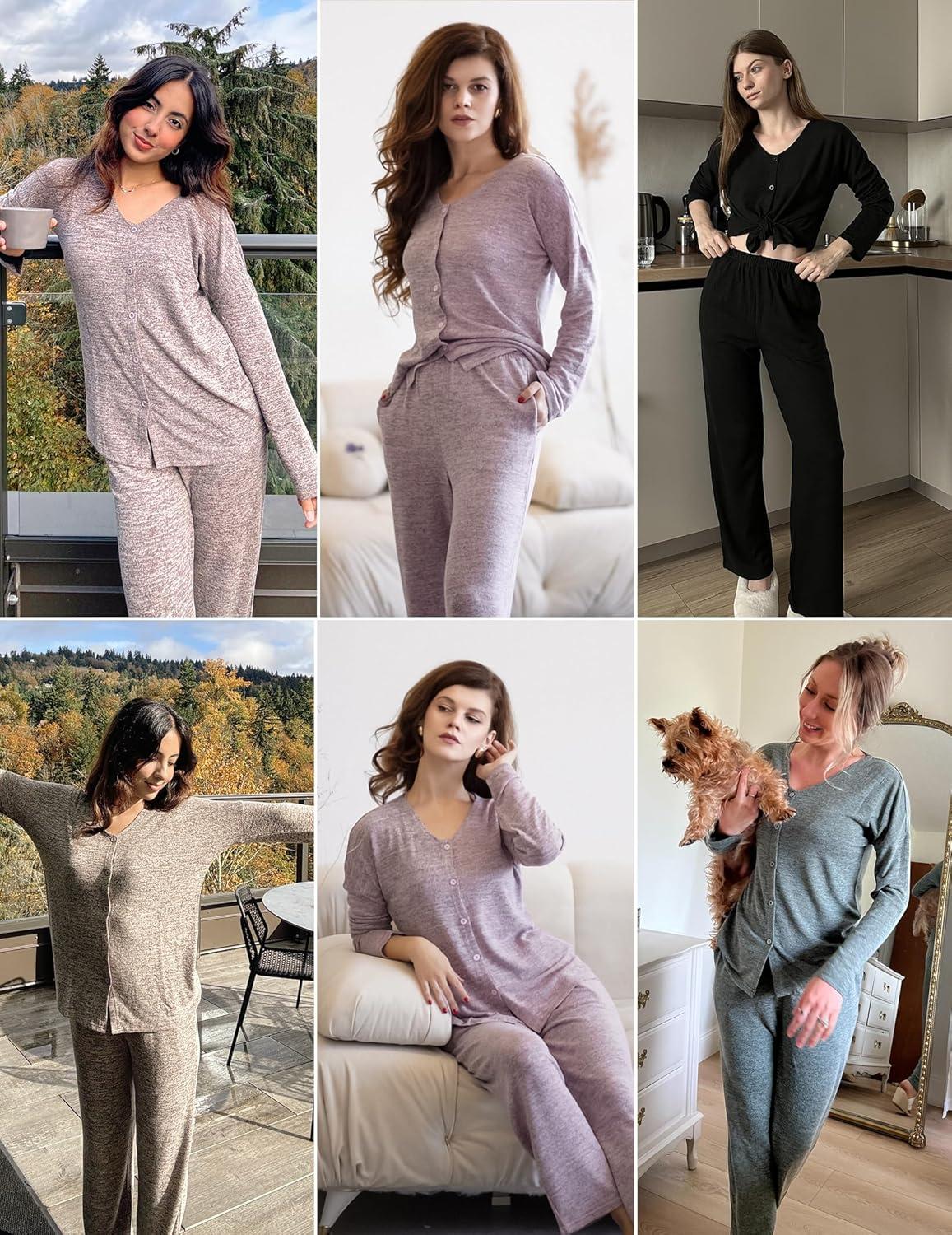 imageEkouaer Womens Pajama Sets Button Up Long Sleeve Pjs Soft Lounge Set 2 Piece Sleepwear with PocketsRose Red