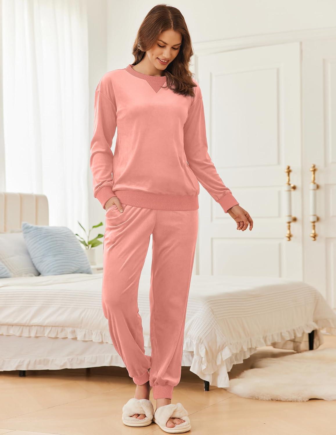 imageEkouaer Womens Pajamas Sets Velvet Long Sleeve Jogger Pjs Soft Sleepwear 2 Piece Lounge Sets Casual TracksuitsPinkish Orange