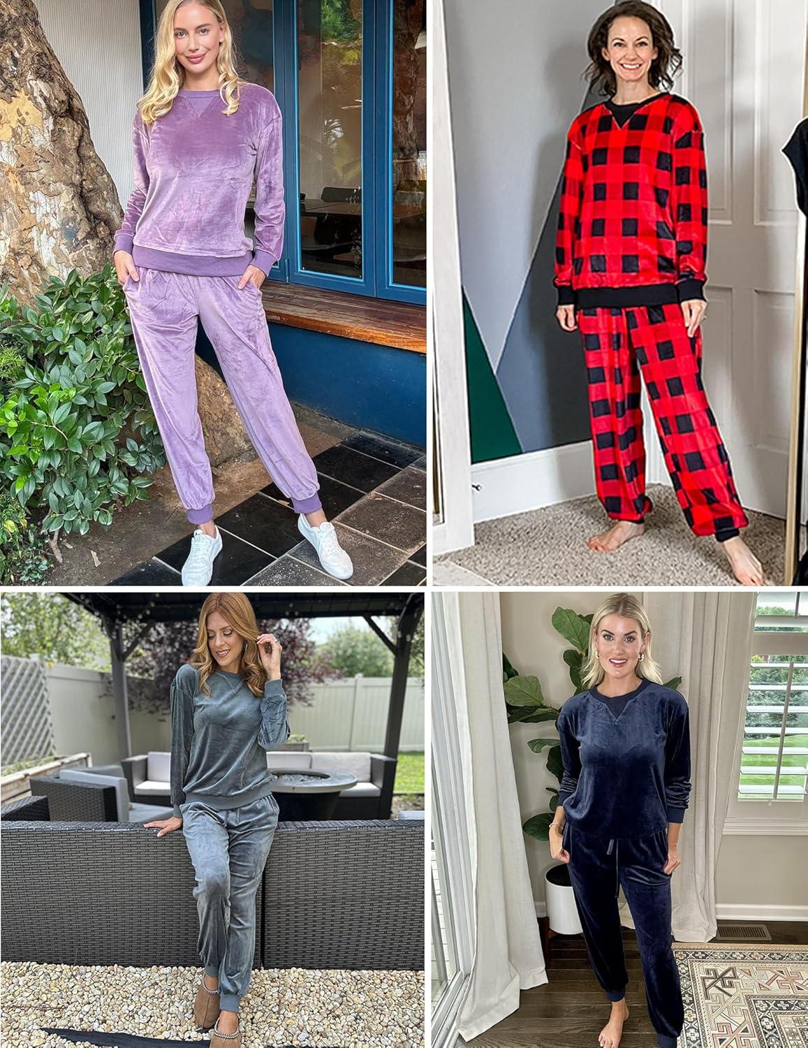 imageEkouaer Womens Pajamas Sets Velvet Long Sleeve Jogger Pjs Soft Sleepwear 2 Piece Lounge Sets Casual TracksuitsPinkish Orange