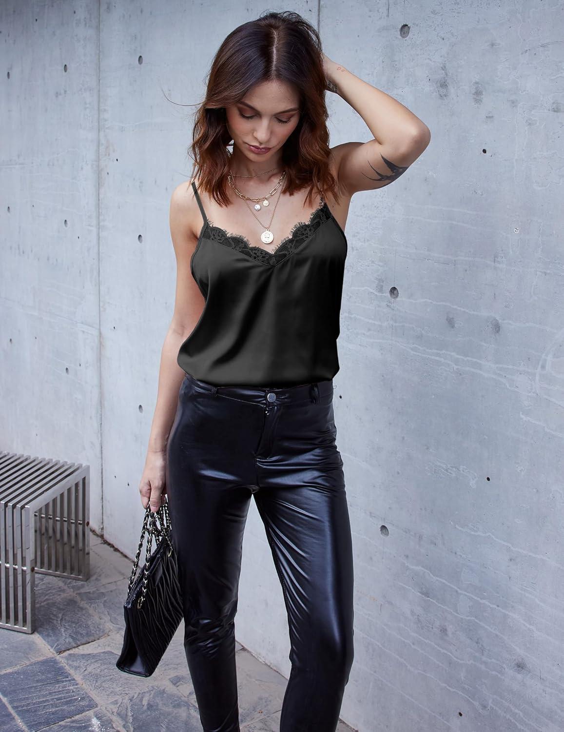 imageEkouaer Womens Satin Camisole Lace Silk Satin Pajama Tank Tops V Neck Soft Spaghetti Strap Loose SleepwearBlack White