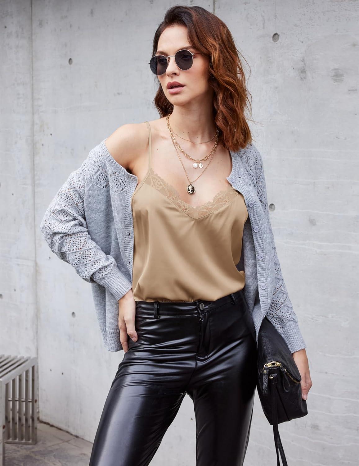 imageEkouaer Womens Satin Camisole Lace Silk Satin Pajama Tank Tops V Neck Soft Spaghetti Strap Loose SleepwearCamel