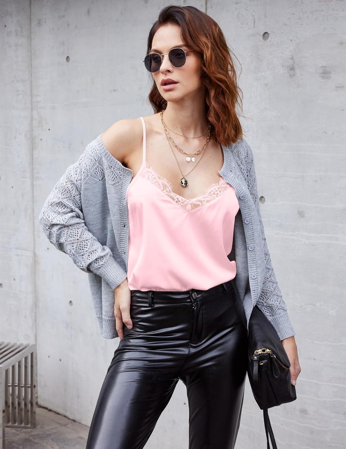imageEkouaer Womens Satin Camisole Lace Silk Satin Pajama Tank Tops V Neck Soft Spaghetti Strap Loose SleepwearLight Pink