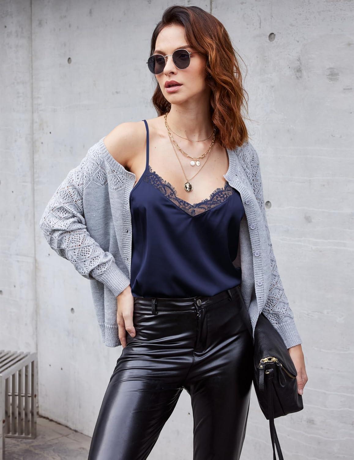 imageEkouaer Womens Satin Camisole Lace Silk Satin Pajama Tank Tops V Neck Soft Spaghetti Strap Loose SleepwearNavy Blue