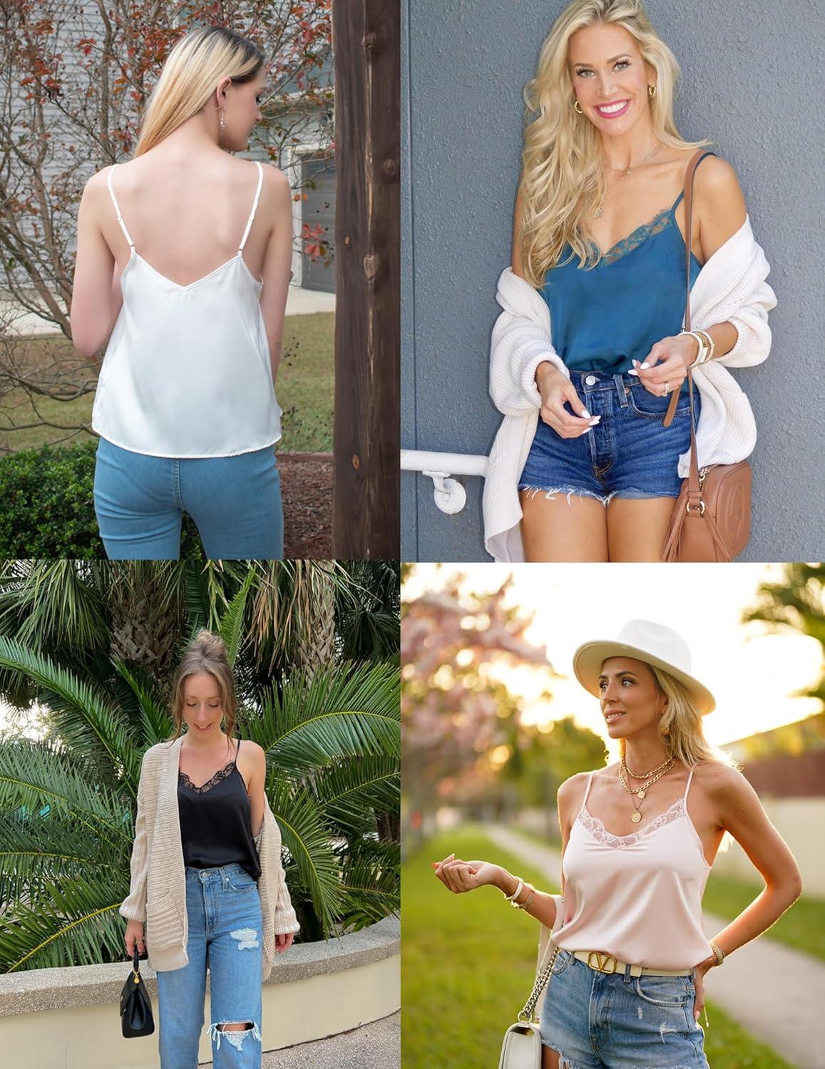 imageEkouaer Womens Satin Camisole Lace Silk Satin Pajama Tank Tops V Neck Soft Spaghetti Strap Loose SleepwearWhiteLight Pink
