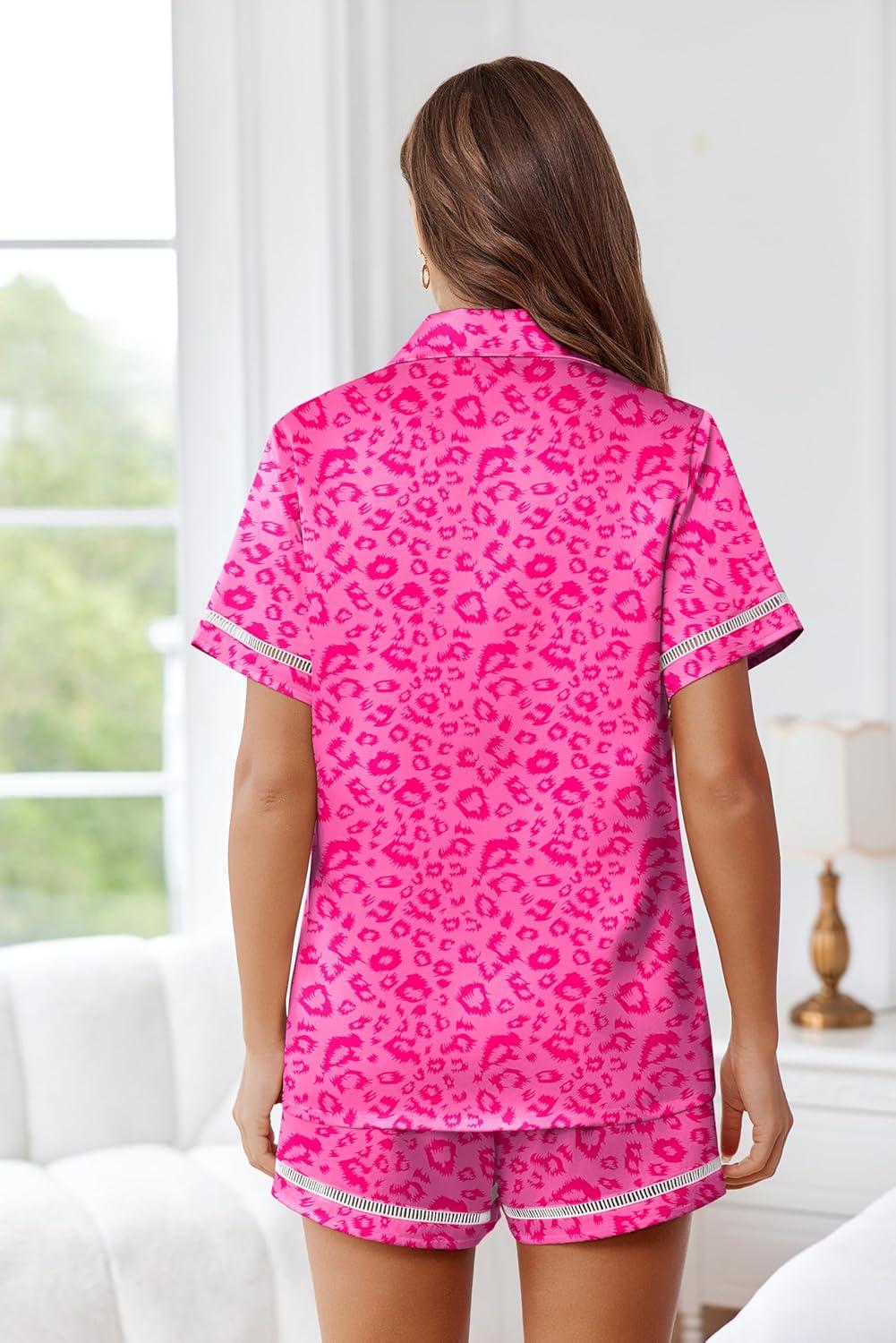imageEkouaer Womens Silk Pajama Sets Button Up Satin Pjs Short Sleeve 2 Piece Pj Sets Cute Lounge Sets with Chest PocketLeopard Print Pink