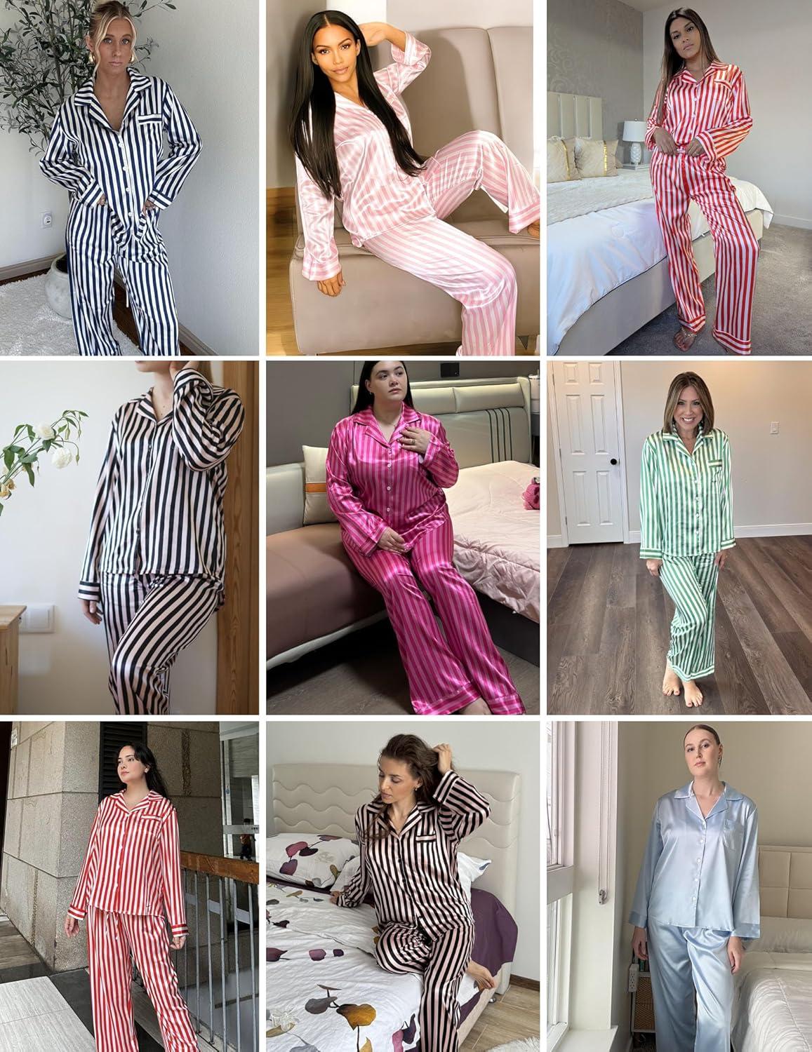 imageEkouaer Womens Silk Satin Pajama Sets 2 Piece Sleepwear Pjs Set Long Sleeve Button Down Top and Pants Stripe Loungewear SXXLRose Red Stripe