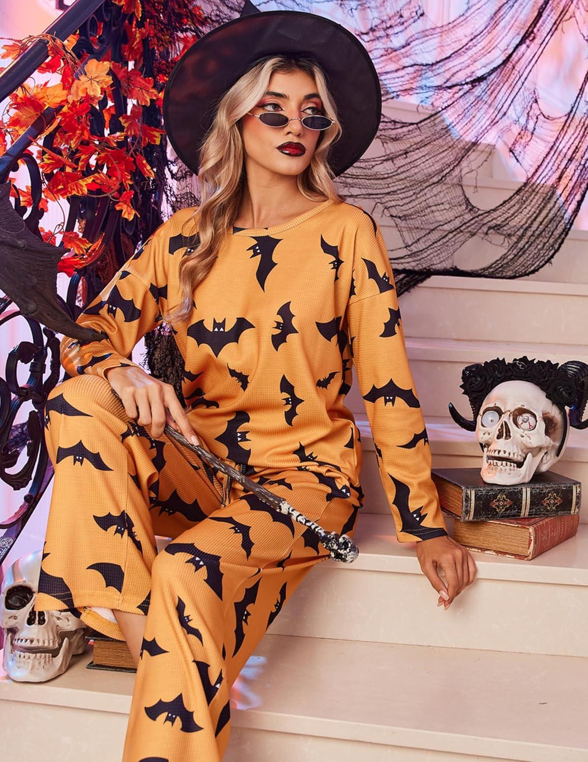 imageEkouaer Womens Waffle Knit Pajama Sets Comfy Long Sleeve Lounge Sets 2 Piece Matching Pj Sets with PocketsBat Print