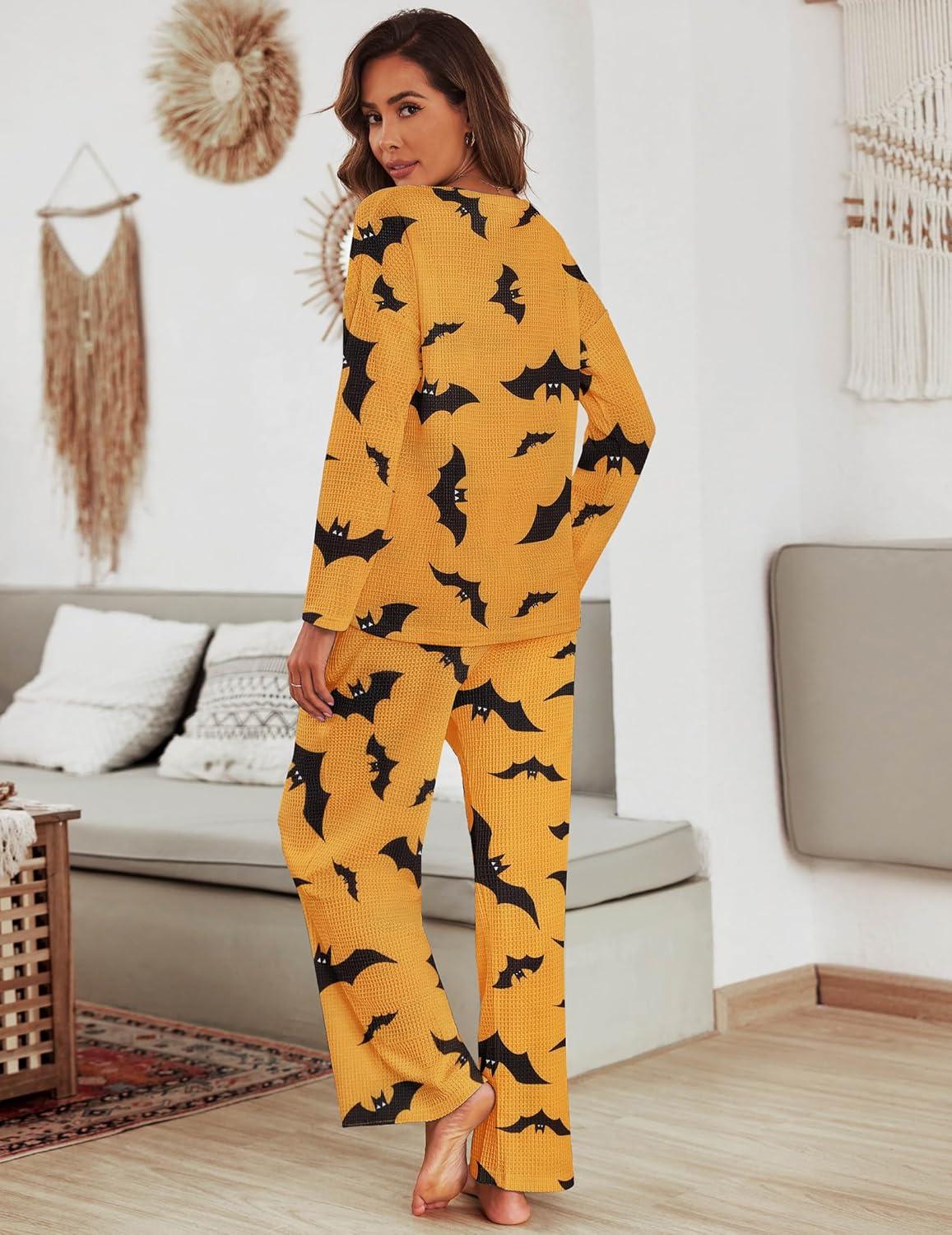 imageEkouaer Womens Waffle Knit Pajama Sets Comfy Long Sleeve Lounge Sets 2 Piece Matching Pj Sets with PocketsBat Print