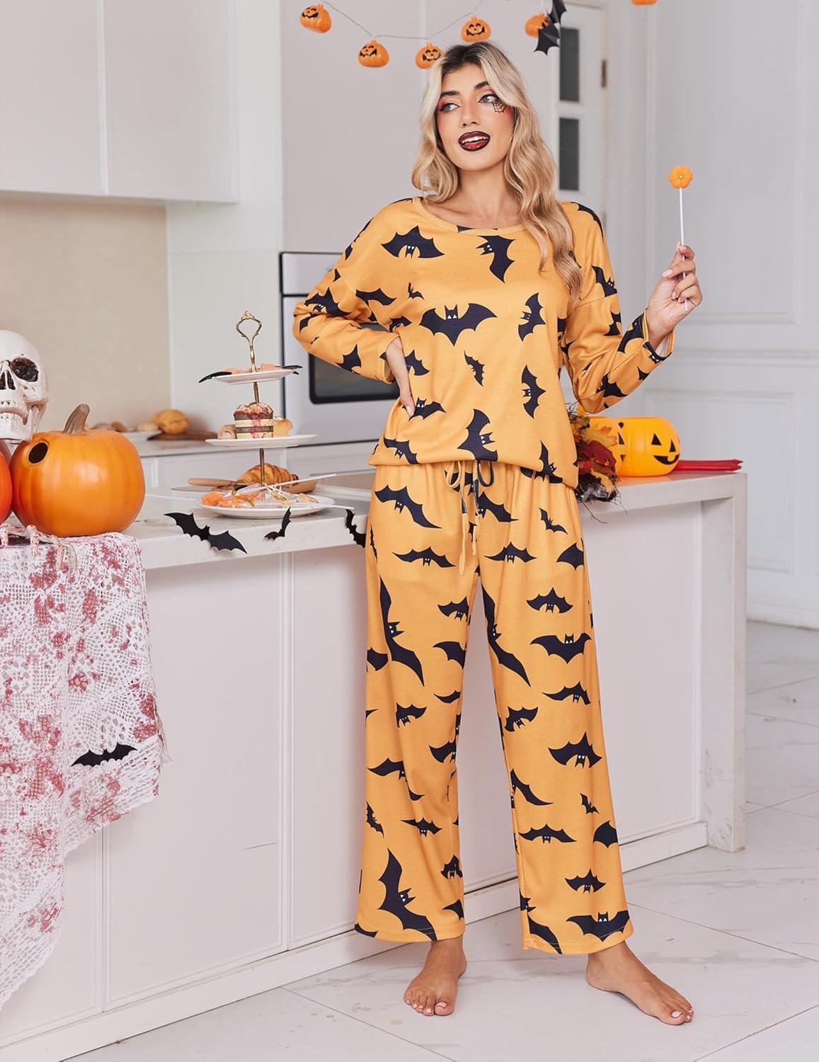 imageEkouaer Womens Waffle Knit Pajama Sets Comfy Long Sleeve Lounge Sets 2 Piece Matching Pj Sets with PocketsBat Print