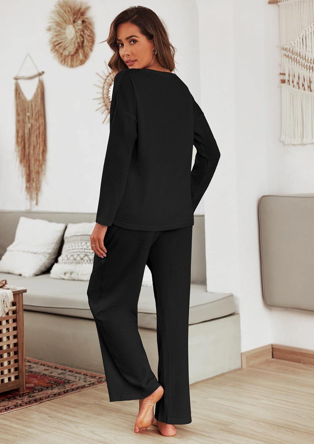 imageEkouaer Womens Waffle Knit Pajama Sets Comfy Long Sleeve Lounge Sets 2 Piece Matching Pj Sets with PocketsBlack
