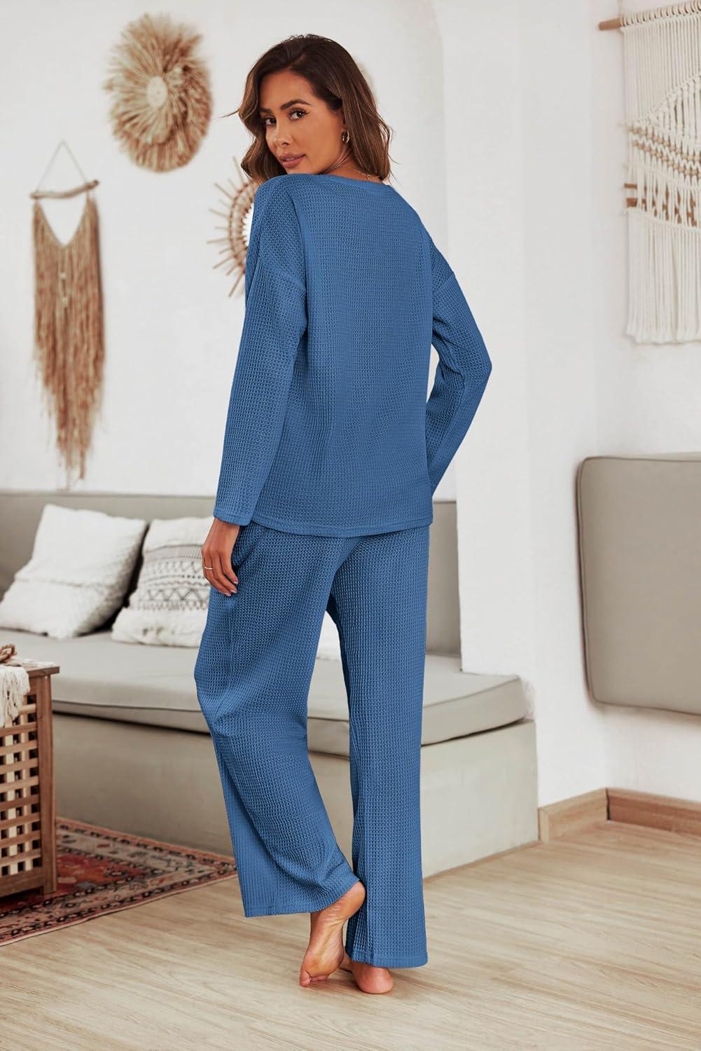 imageEkouaer Womens Waffle Knit Pajama Sets Comfy Long Sleeve Lounge Sets 2 Piece Matching Pj Sets with PocketsBlue