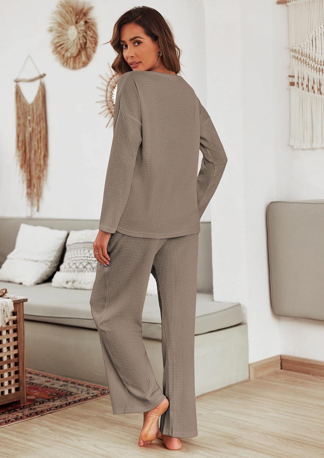 imageEkouaer Womens Waffle Knit Pajama Sets Comfy Long Sleeve Lounge Sets 2 Piece Matching Pj Sets with PocketsBrown