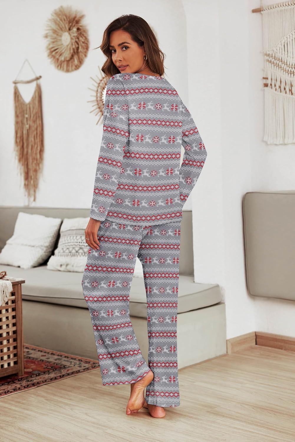 imageEkouaer Womens Waffle Knit Pajama Sets Comfy Long Sleeve Lounge Sets 2 Piece Matching Pj Sets with PocketsChristmas Grey