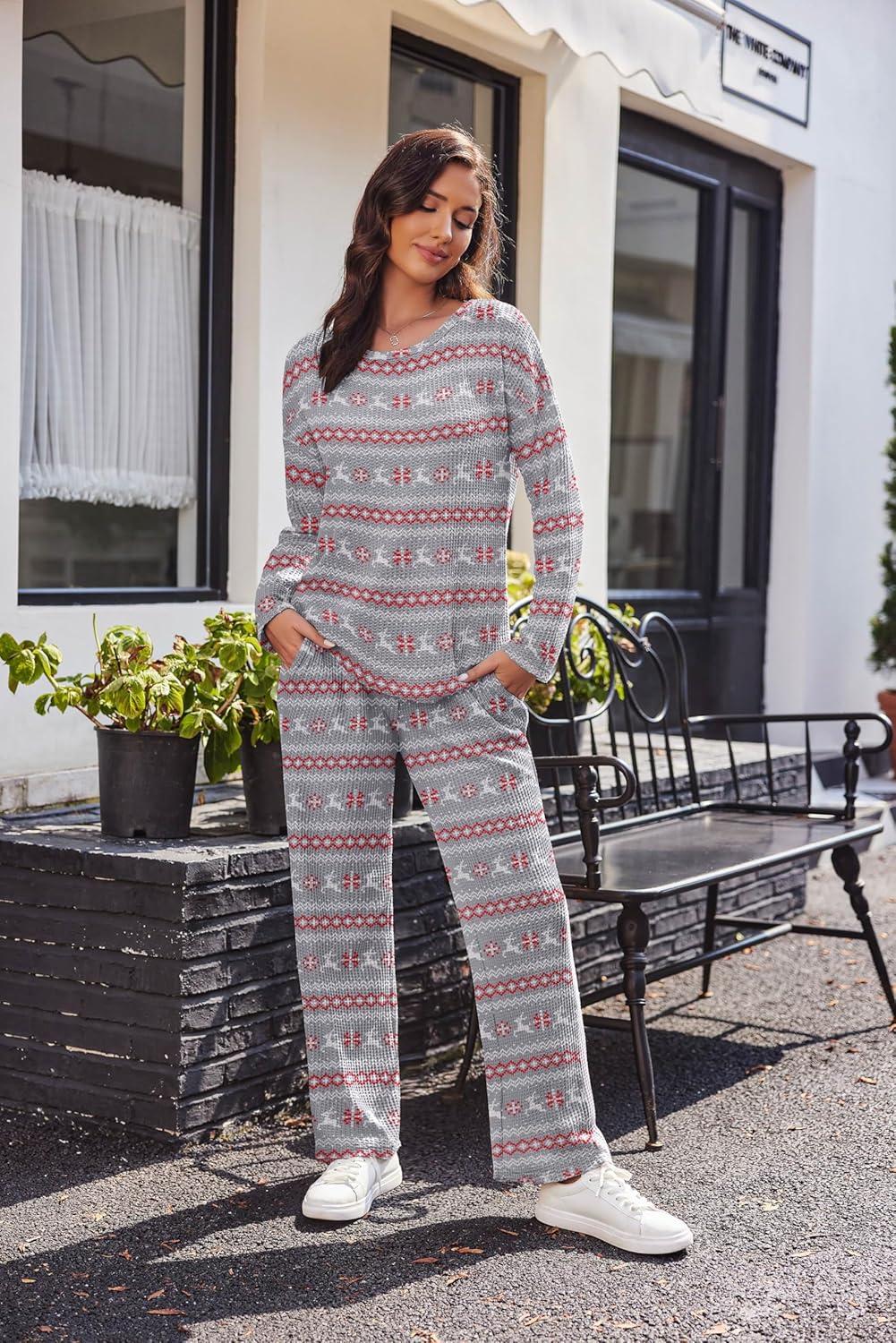 imageEkouaer Womens Waffle Knit Pajama Sets Comfy Long Sleeve Lounge Sets 2 Piece Matching Pj Sets with PocketsChristmas Grey