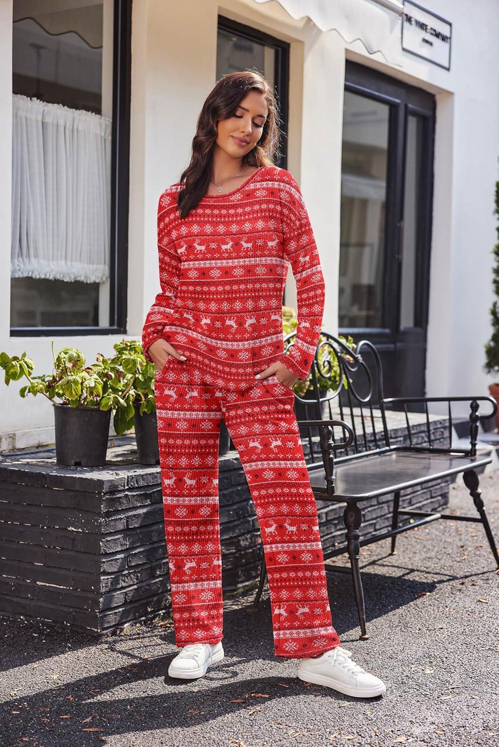 imageEkouaer Womens Waffle Knit Pajama Sets Comfy Long Sleeve Lounge Sets 2 Piece Matching Pj Sets with PocketsChristmas Red
