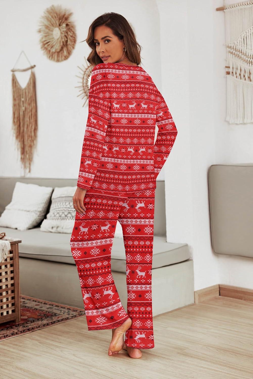 imageEkouaer Womens Waffle Knit Pajama Sets Comfy Long Sleeve Lounge Sets 2 Piece Matching Pj Sets with PocketsChristmas Red