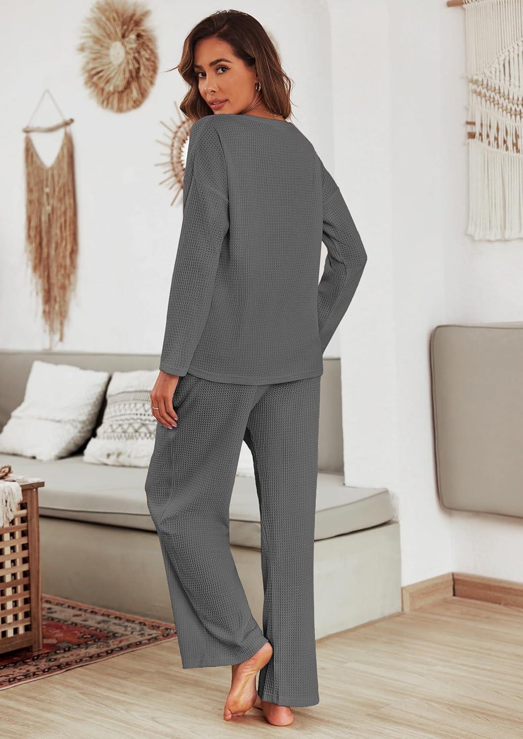 imageEkouaer Womens Waffle Knit Pajama Sets Comfy Long Sleeve Lounge Sets 2 Piece Matching Pj Sets with PocketsDark Grey