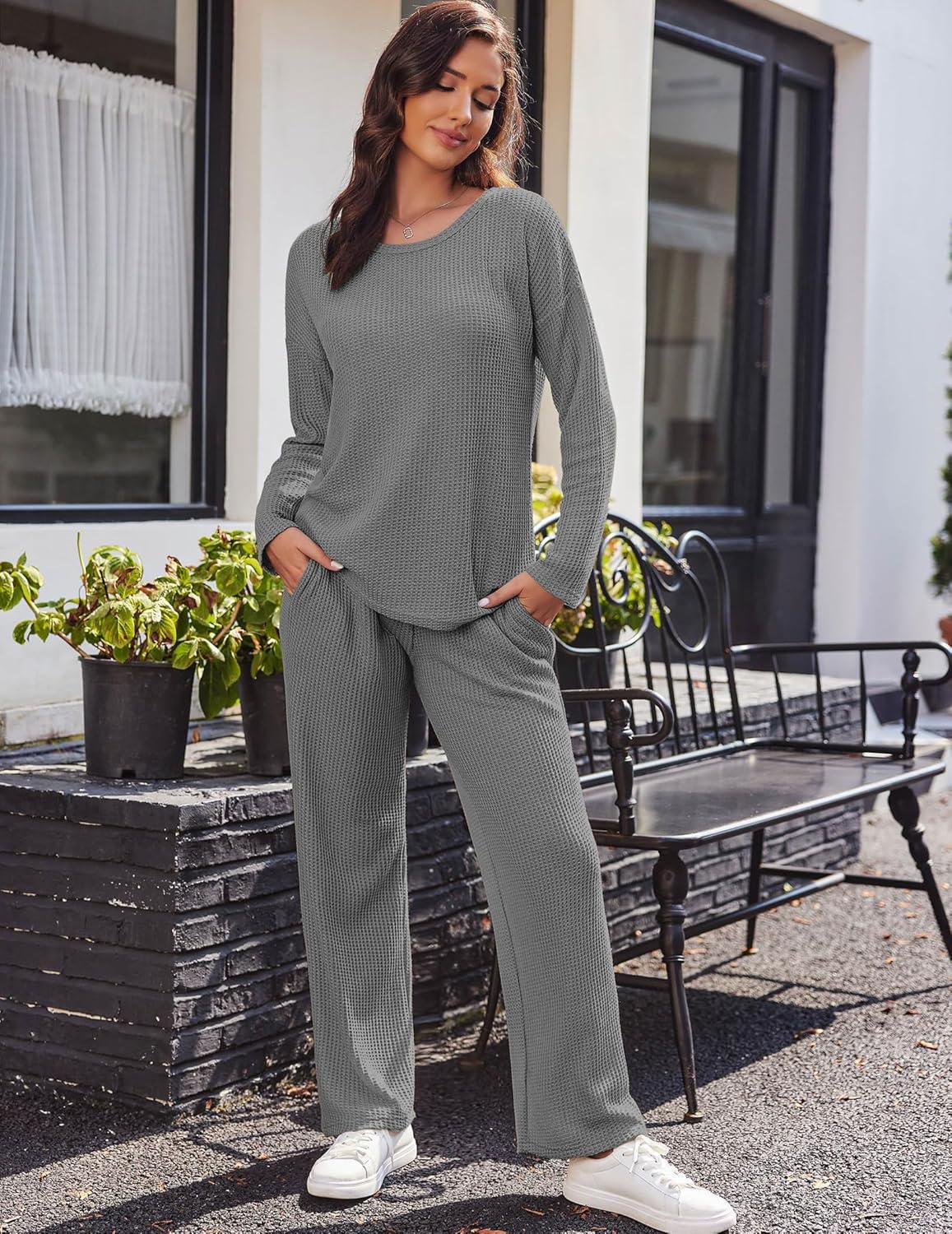 imageEkouaer Womens Waffle Knit Pajama Sets Comfy Long Sleeve Lounge Sets 2 Piece Matching Pj Sets with PocketsDark Grey