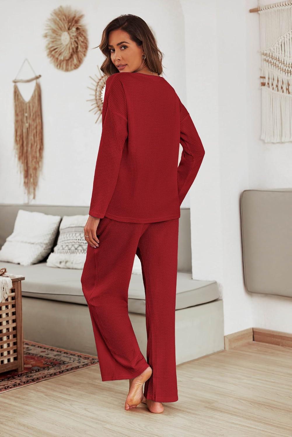 imageEkouaer Womens Waffle Knit Pajama Sets Comfy Long Sleeve Lounge Sets 2 Piece Matching Pj Sets with PocketsDark Red