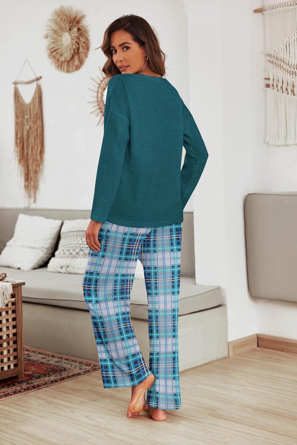 imageEkouaer Womens Waffle Knit Pajama Sets Comfy Long Sleeve Lounge Sets 2 Piece Matching Pj Sets with PocketsGreen Plaid