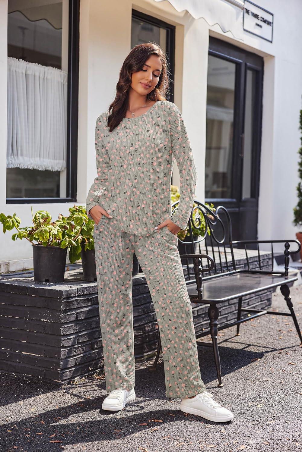 imageEkouaer Womens Waffle Knit Pajama Sets Comfy Long Sleeve Lounge Sets 2 Piece Matching Pj Sets with PocketsGrey Floral Print