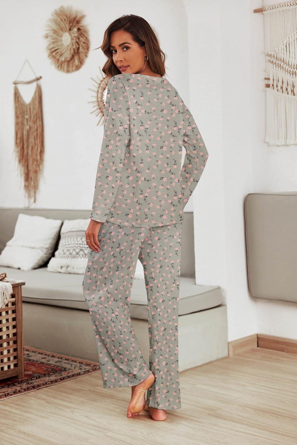 imageEkouaer Womens Waffle Knit Pajama Sets Comfy Long Sleeve Lounge Sets 2 Piece Matching Pj Sets with PocketsGrey Floral Print