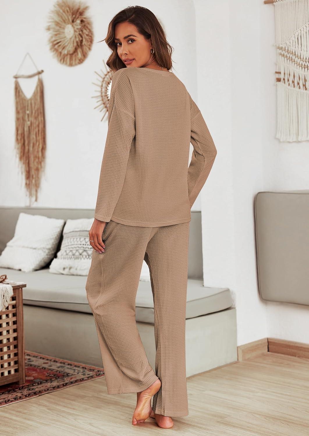 imageEkouaer Womens Waffle Knit Pajama Sets Comfy Long Sleeve Lounge Sets 2 Piece Matching Pj Sets with PocketsKhaki