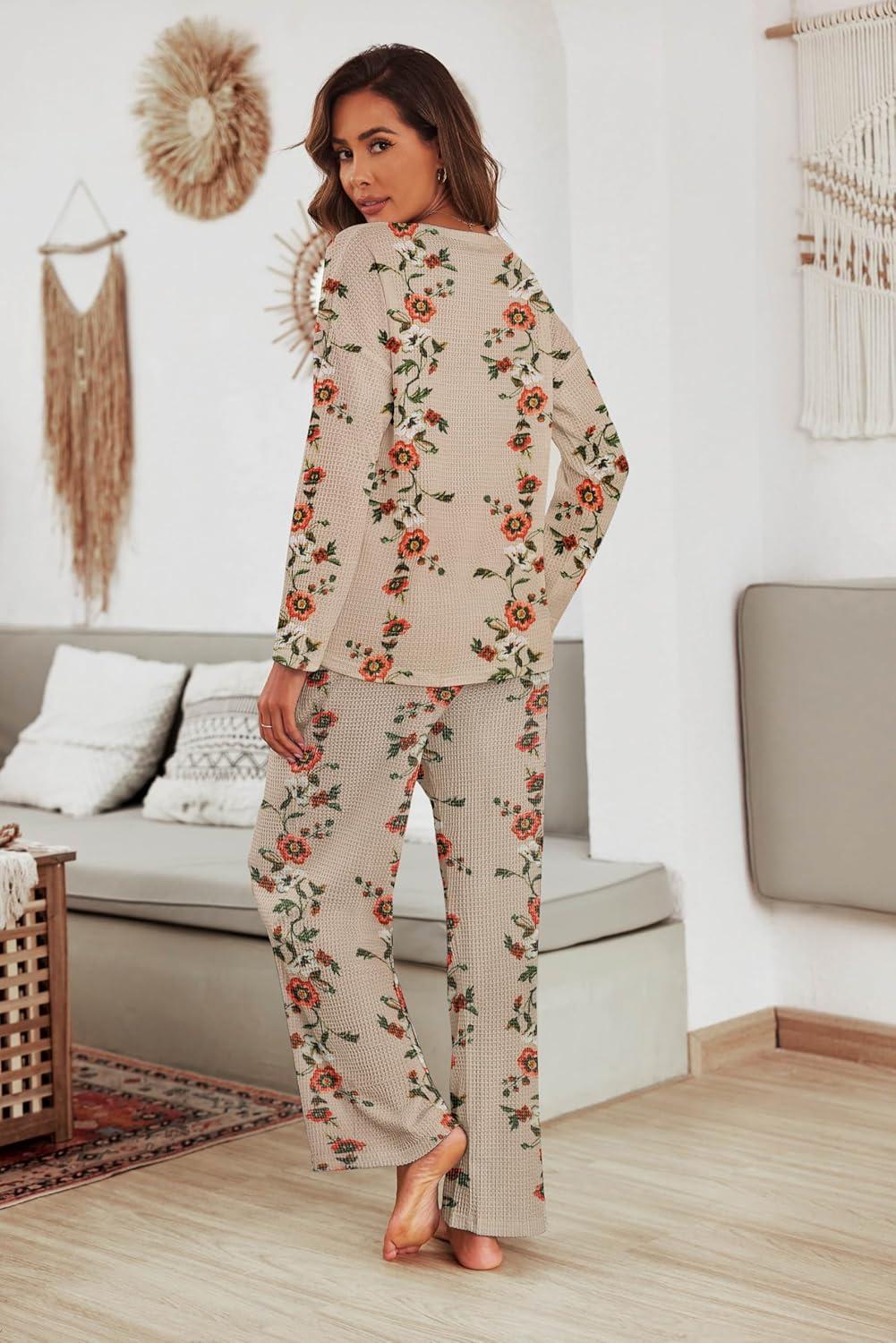 imageEkouaer Womens Waffle Knit Pajama Sets Comfy Long Sleeve Lounge Sets 2 Piece Matching Pj Sets with PocketsKhaki Floral Print