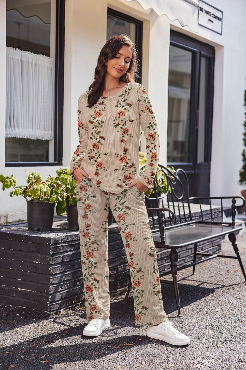 imageEkouaer Womens Waffle Knit Pajama Sets Comfy Long Sleeve Lounge Sets 2 Piece Matching Pj Sets with PocketsKhaki Floral Print