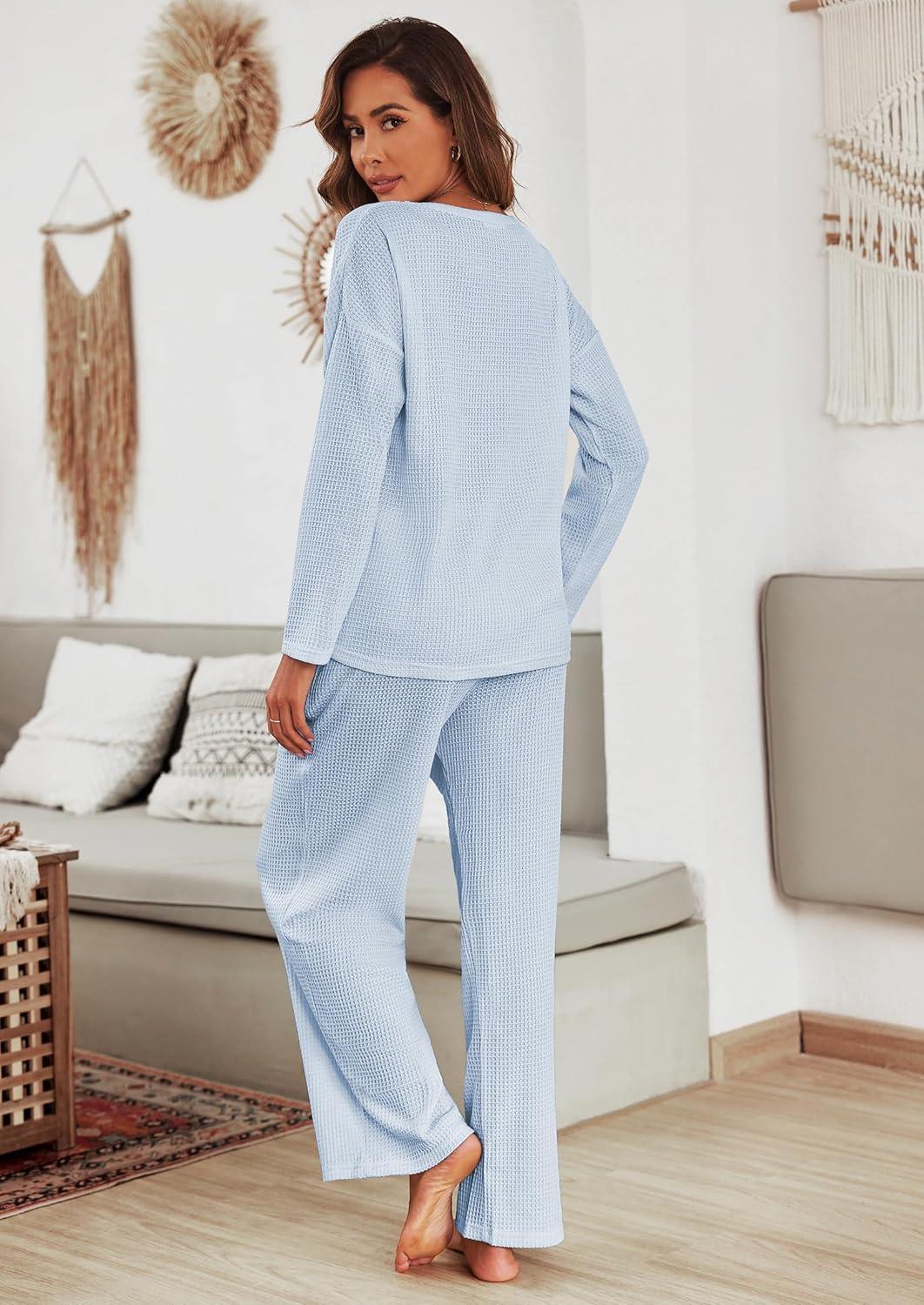 imageEkouaer Womens Waffle Knit Pajama Sets Comfy Long Sleeve Lounge Sets 2 Piece Matching Pj Sets with PocketsLight Blue