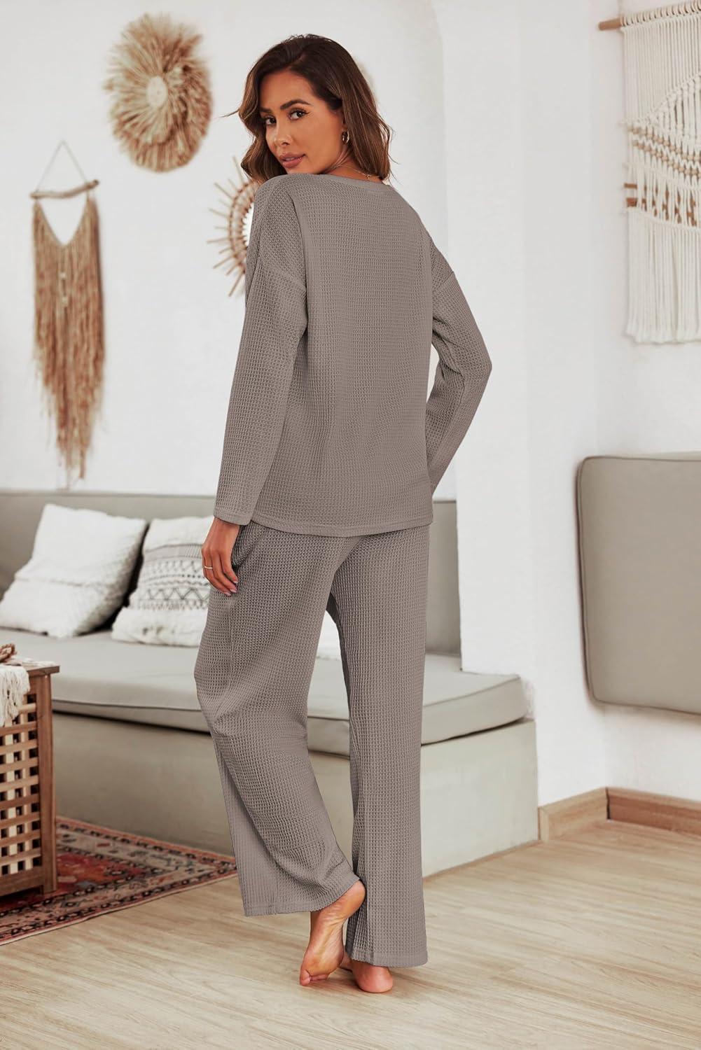 imageEkouaer Womens Waffle Knit Pajama Sets Comfy Long Sleeve Lounge Sets 2 Piece Matching Pj Sets with PocketsLight Brown
