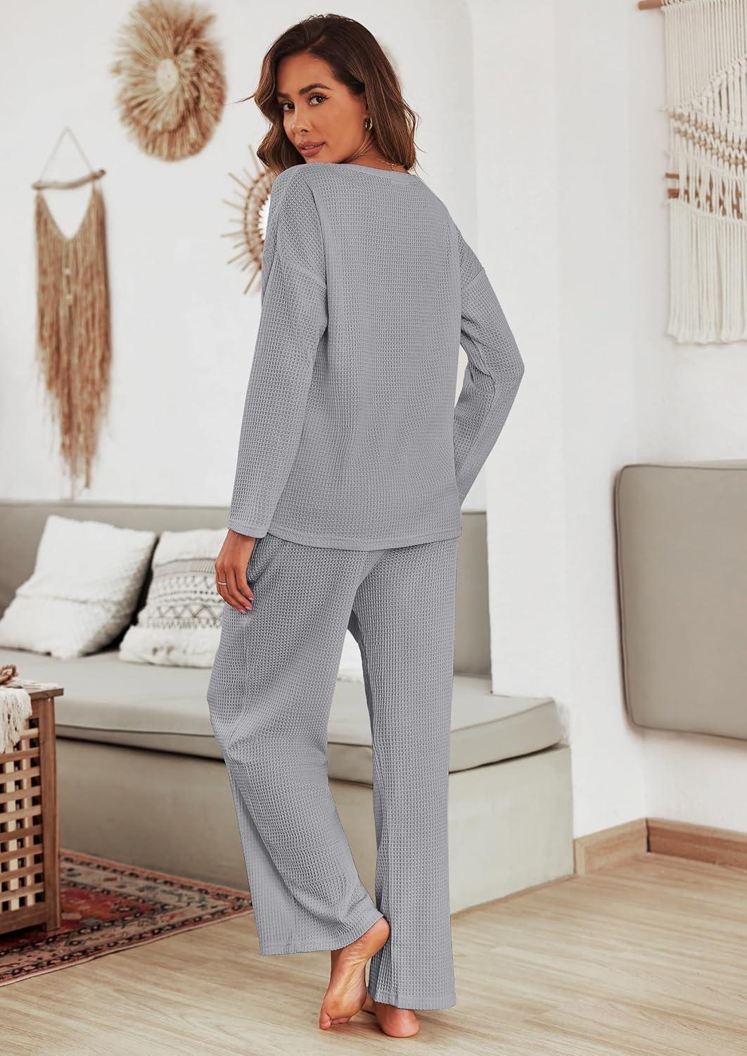 imageEkouaer Womens Waffle Knit Pajama Sets Comfy Long Sleeve Lounge Sets 2 Piece Matching Pj Sets with PocketsLight Grey
