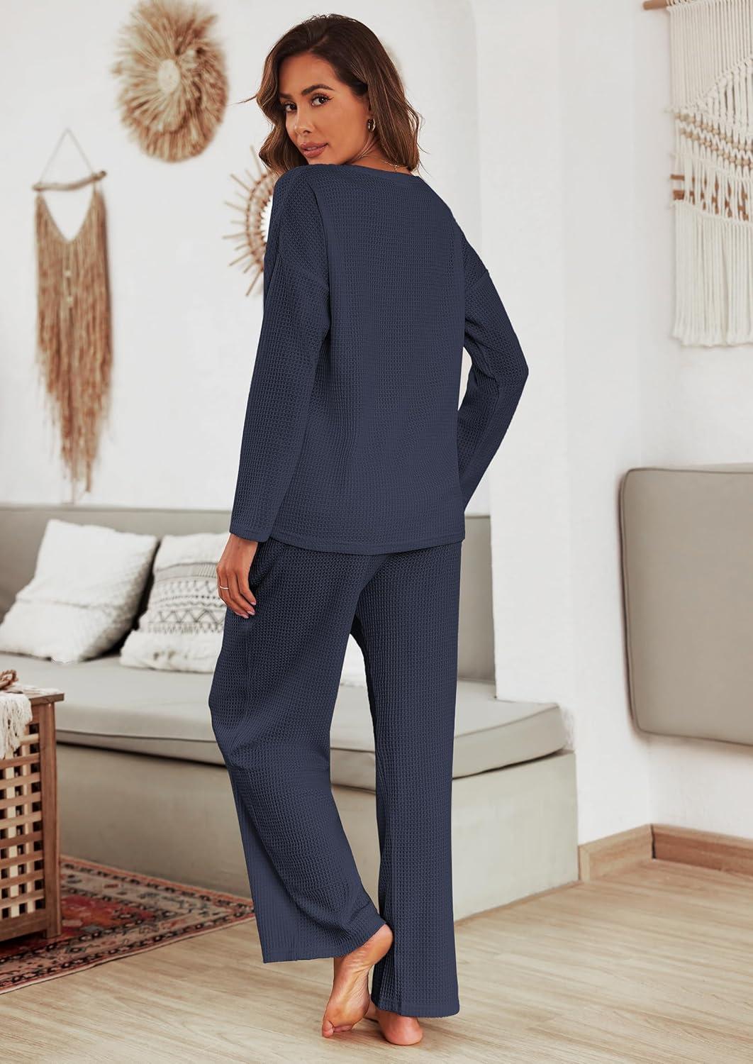 imageEkouaer Womens Waffle Knit Pajama Sets Comfy Long Sleeve Lounge Sets 2 Piece Matching Pj Sets with PocketsNavy Blue