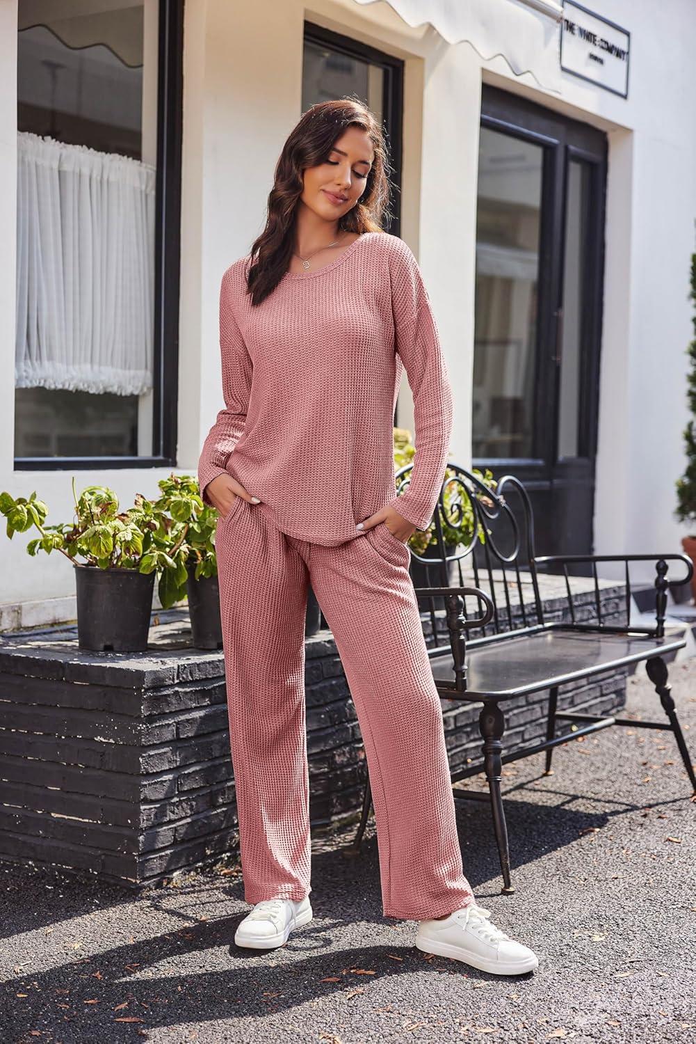 imageEkouaer Womens Waffle Knit Pajama Sets Comfy Long Sleeve Lounge Sets 2 Piece Matching Pj Sets with PocketsPink
