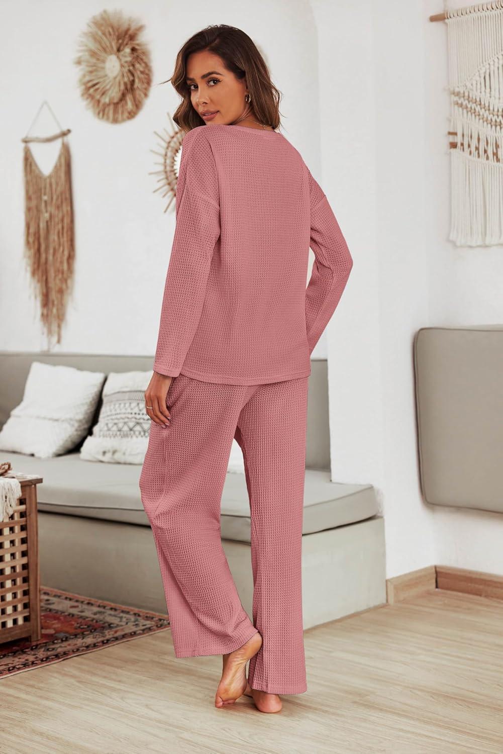 imageEkouaer Womens Waffle Knit Pajama Sets Comfy Long Sleeve Lounge Sets 2 Piece Matching Pj Sets with PocketsPink