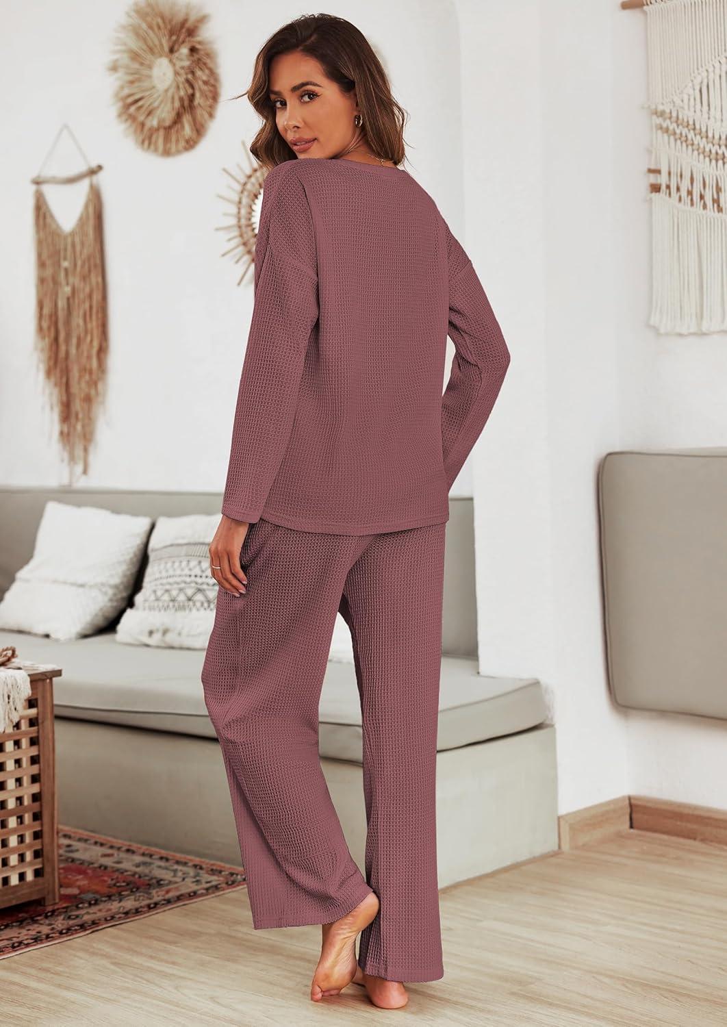 imageEkouaer Womens Waffle Knit Pajama Sets Comfy Long Sleeve Lounge Sets 2 Piece Matching Pj Sets with PocketsRose Red