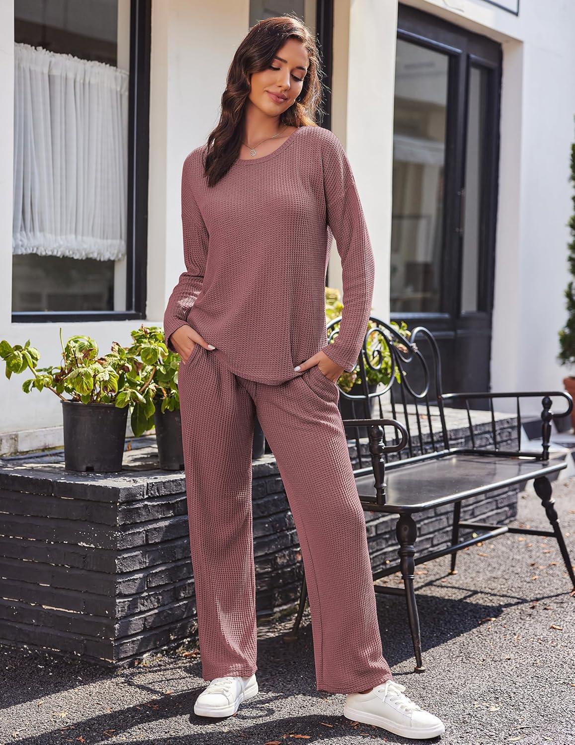 imageEkouaer Womens Waffle Knit Pajama Sets Comfy Long Sleeve Lounge Sets 2 Piece Matching Pj Sets with PocketsRose Red