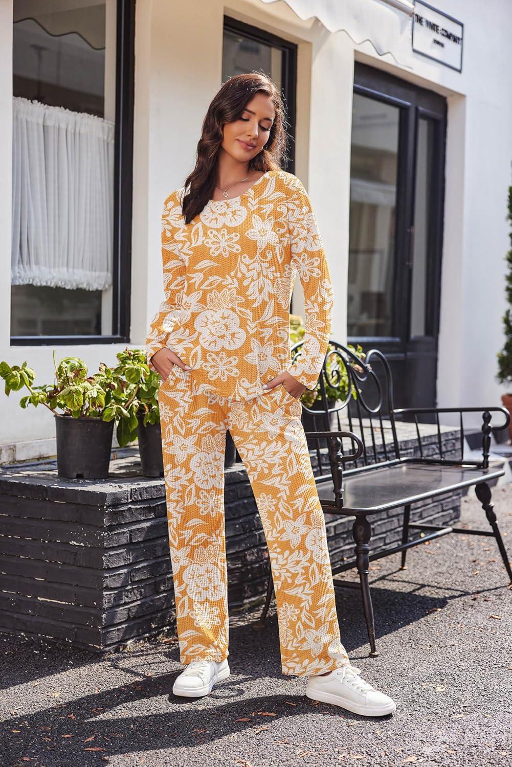 imageEkouaer Womens Waffle Knit Pajama Sets Comfy Long Sleeve Lounge Sets 2 Piece Matching Pj Sets with PocketsYellow Flowers