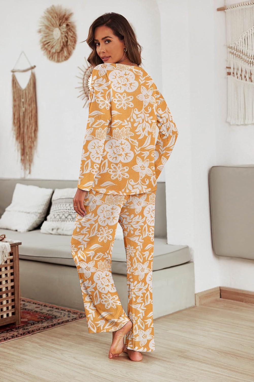 imageEkouaer Womens Waffle Knit Pajama Sets Comfy Long Sleeve Lounge Sets 2 Piece Matching Pj Sets with PocketsYellow Flowers