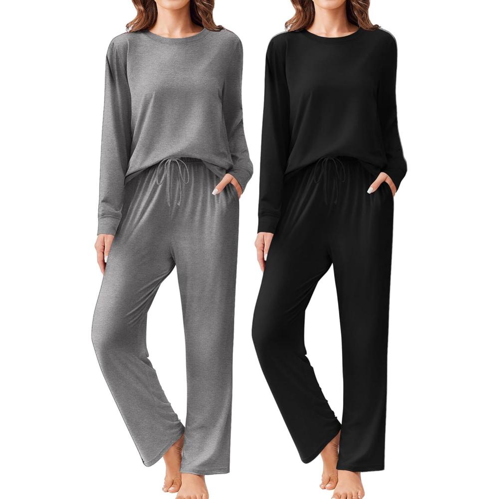 imageEkouaer 2 Pack Women Pajama Long Sleeve Sleepwear Soft Loungewear Pjs Sets with Pockets SXXLBlackGrey